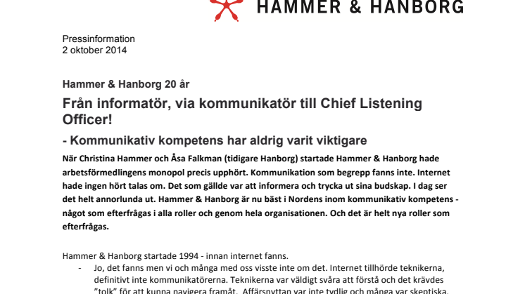 Hammer & Hanborg 20 år - Från informatör, via kommunikatör till Chief Listening Officer!