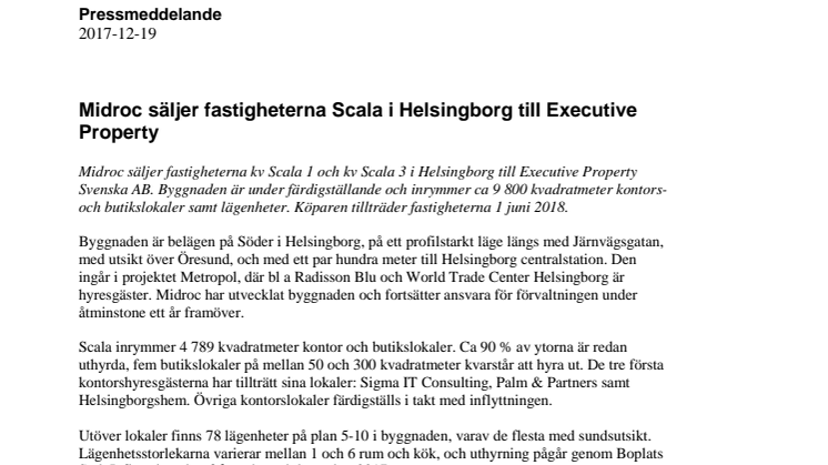 Midroc säljer fastigheterna Scala i Helsingborg till Executive Property
