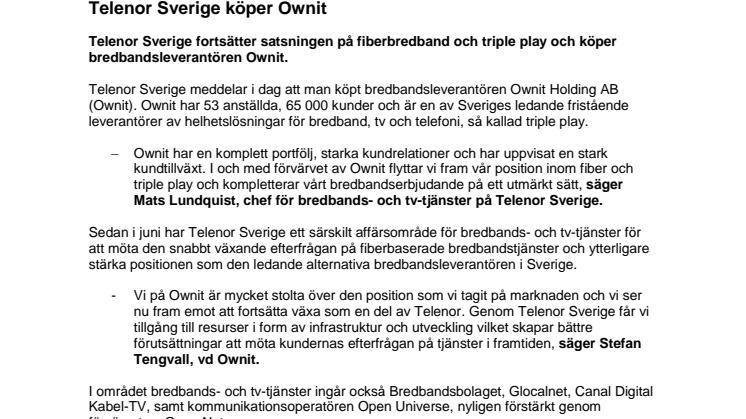 Telenor Sverige köper Ownit