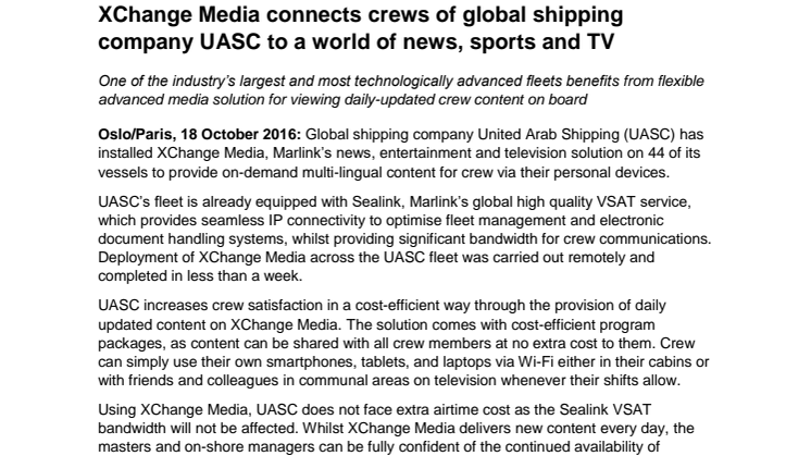 Marlink: XChange Media connects crews of global shipping company UASC to a world of news, sports and TV 