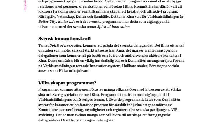 Faktablad: Sveriges program på Expo 2010 