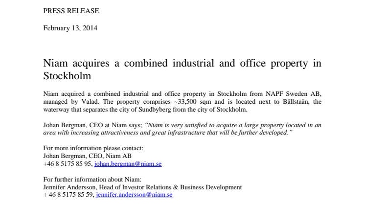 Niam acquires a combined industrial and office property in Stockholm