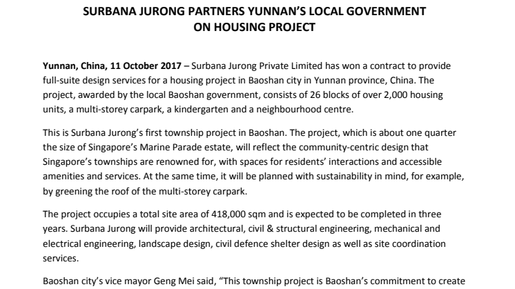 Surbana Jurong partners Yunnan's local government on housing project