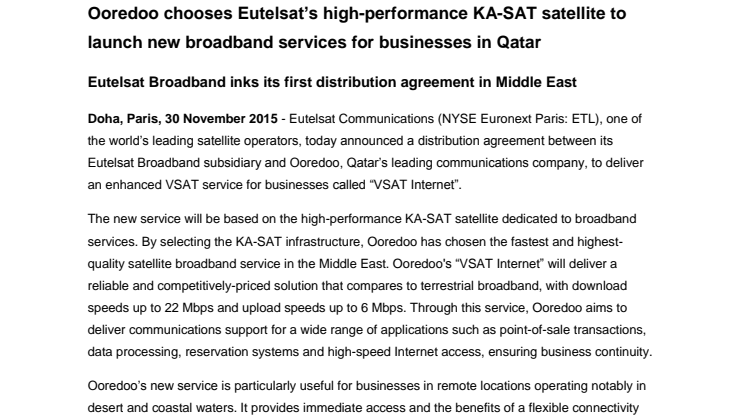 Ooredoo chooses Eutelsat’s high-performance KA-SAT satellite to launch new broadband services for businesses in Qatar