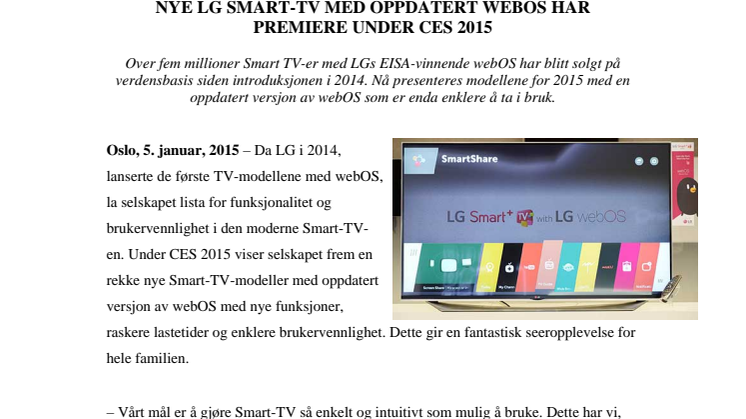 NYE LG SMART-TV MED OPPDATERT WEBOS HAR PREMIERE UNDER CES 2015
