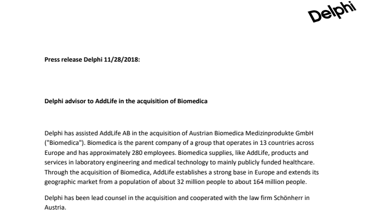 Delphi advisor to AddLife in the acquisition of Biomedica