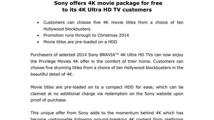 Sonylta 4K-elokuvapaketti kaupan päälle Sonyn 4K Ultra HD -televisioiden ostajille