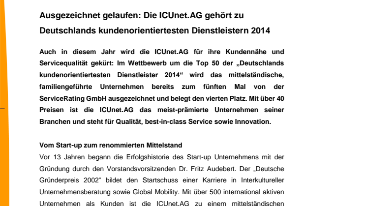 Ausgezeichnet gelaufen: Die ICUnet.AG gehört zu Deutschlands kundenorientiertesten Dienstleistern 2014