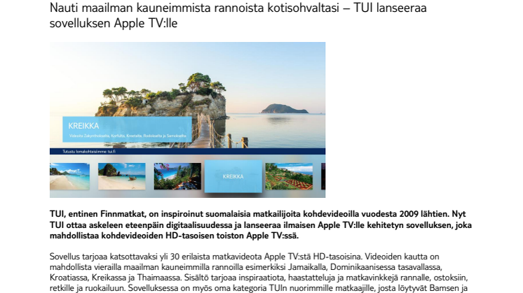Nauti maailman kauneimmista rannoista kotisohvaltasi – ­­TUI lanseeraa sovelluksen Apple TV:lle