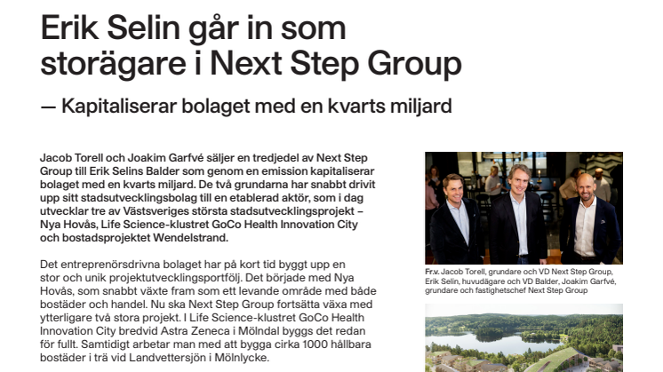 Erik Selin går in som storägare i Next Step Group – kapitaliserar bolaget med kvarts miljard
