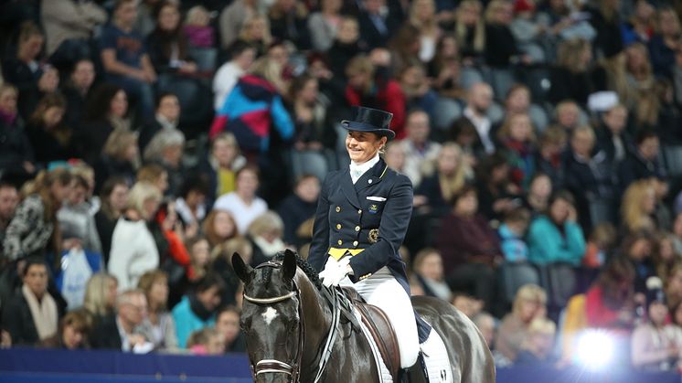 Tinne Vilhelmson Silfvén och Don Auriello startar i Saab Top 10 Dressage under Sweden International Horse Show. Foto: Roland Thunholm
