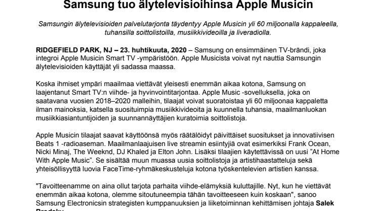 Samsung tuo älytelevisioihinsa Apple Musicin