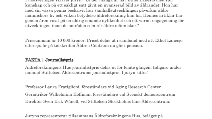 Äldreforskningens Hus Journalistpris 2012 tilldelas Ethel Lanesjö