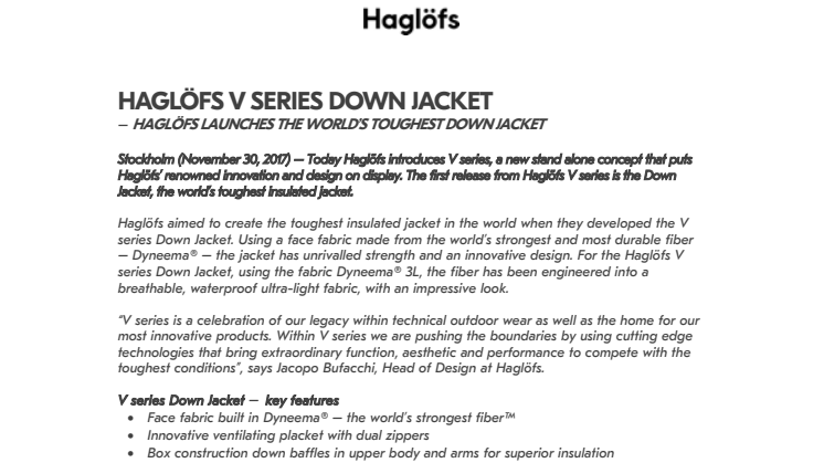 ​HAGLÖFS V SERIES DOWN JACKET – Haglöfs launches the world’s toughest down jacket