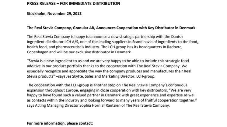 The Real Stevia Company, Granular AB, Announces Cooperation with Key Distributor in Denmark