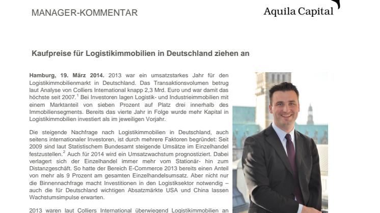 Manager-Kommentar von Aquila Capital: Kaufpreise für Logistikimmobilien in Deutschland ziehen an