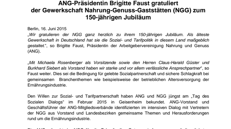ANG-Präsidentin Brigitte Faust gratuliert  der Gewerkschaft Nahrung-Genuss-Gaststätten (NGG) zum 150-jährigen Jubiläum