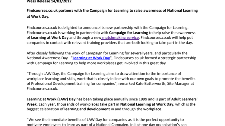 Findcourses.co.uk partners with the Campaign for Learning to raise awareness of National Learning at Work Day.