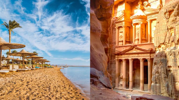 Röda havet bjuder in till härliga bad. Världsarvet Petra, ett exempel av de många fantastiska platser som finns att besöka i Jordanien. (Montage, bägge bilderna är från Adobe stock)