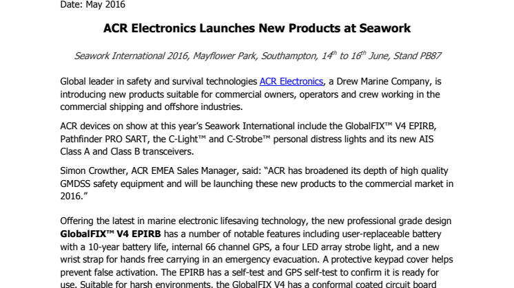 ACR Electronics Inc: Launches New Products At Seawork   