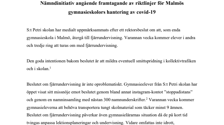 Nämndsinitiativ angående framtagande av riktlinjer för Malmös gymnasieskolors hantering av covid-19