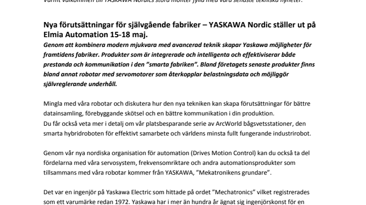 Nya förutsättningar för självgående fabriker – YASKAWA Nordic ställer ut på Elmia Automation 15-18 maj.
