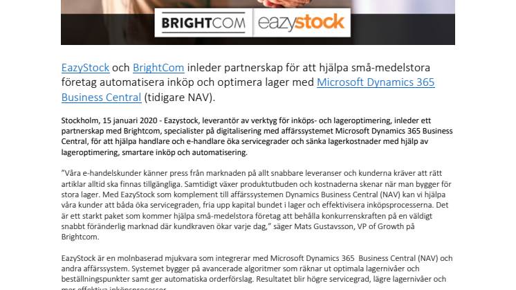 EazyStock och BrightCom inleder partnerskap för att hjälpa små-medelstora företag automatisera inköp och optimera lager med Microsoft Dynamics 365 Business Central (tidigare NAV)