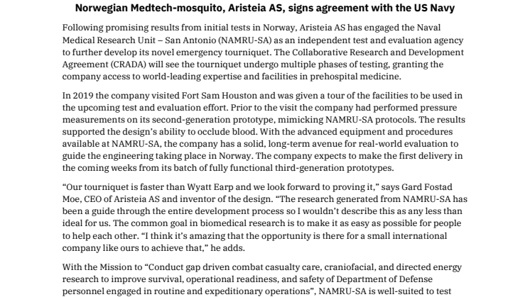 Norwegian Medtech-mosquito, Aristeia AS, signs agreement with the US Navy