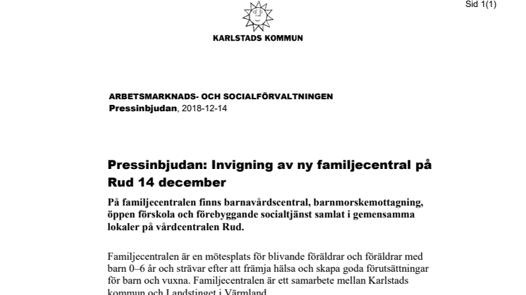 Pressinbjudan: Invigning av ny familjecentral på Rud 14 december