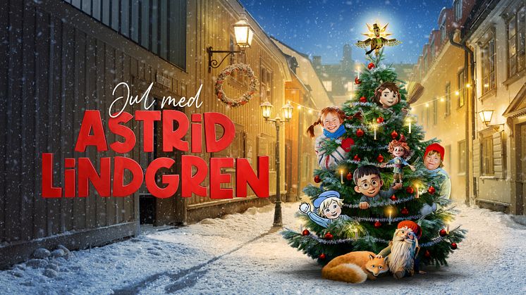 I Jul med Astrid Lindgren träffar vi Pippi, Emil, Kajsa Kavat, Nils Karlsson-Pyssling, Tjorven i Vi på Saltkråkan, Räven och Tomten och trägöken Lustig-Gök (högst upp i granen). Foto: Montage/SVT 