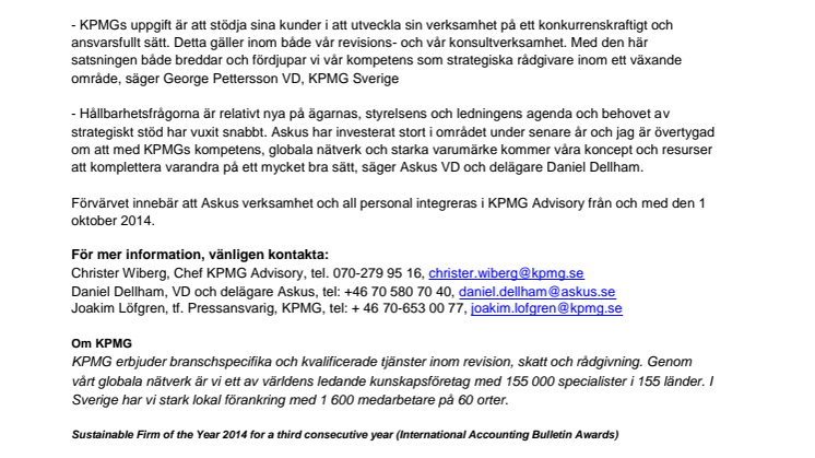 KPMG förvärvar konsultbolaget Askus för att bli Sveriges främsta hållbarhetsrådgivare