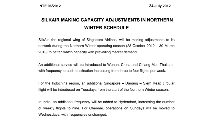 SilkAir Making Capacity Adjustments in Northern Winter Schedule 