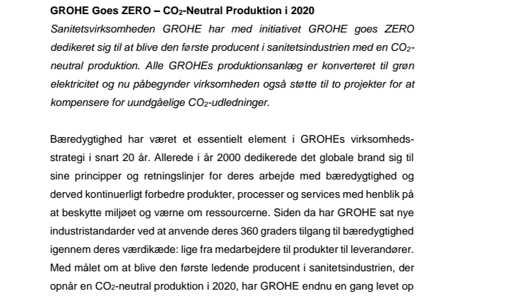 GROHE Goes ZERO – CO2-Neutral Produktion i 2020
