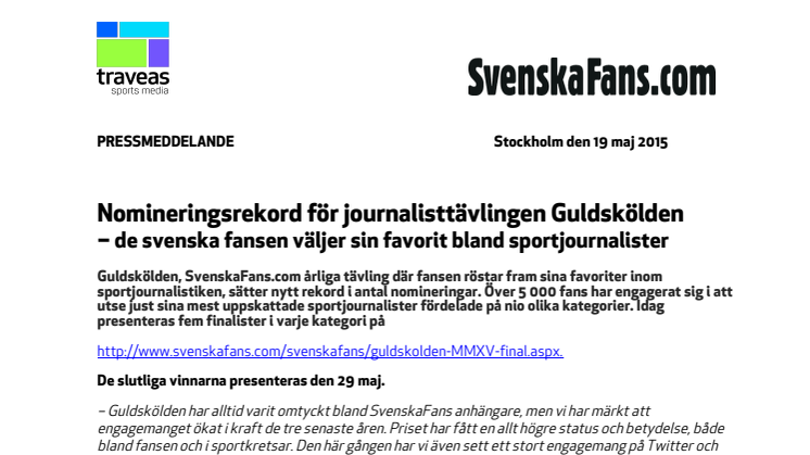 ​Nomineringsrekord för journalisttävlingen Guldskölden − de svenska fansen väljer sin favorit bland sportjournalister