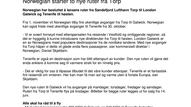 Norwegian starter to nye ruter fra Torp