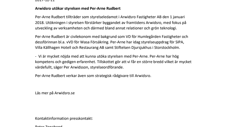 Arwidsro utökar styrelsen med Per-Arne Rudbert