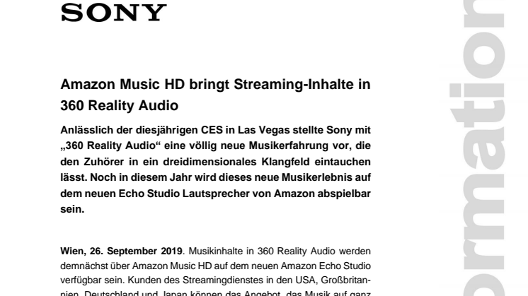 Inhalte in 360 Reality Audio von Sony über den Streamingdienst Amazon Music HD verfügbar