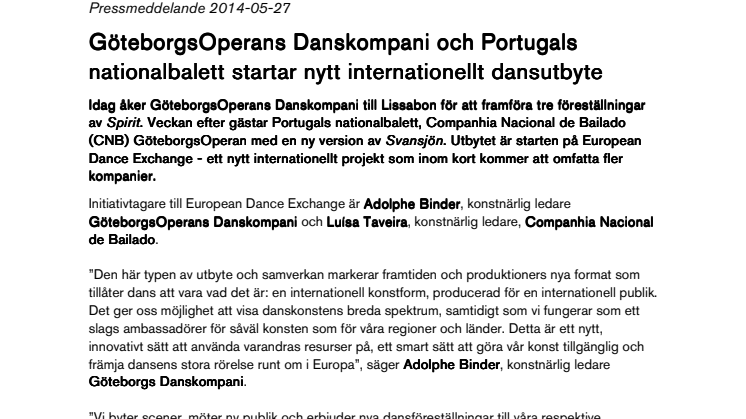 GöteborgsOperans Danskompani och Portugals nationalbalett startar nytt dansutbyte 