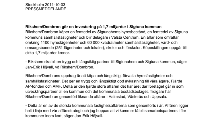 Rikshem/Dombron gör en investering på 1,7 miljarder i Sigtuna kommun