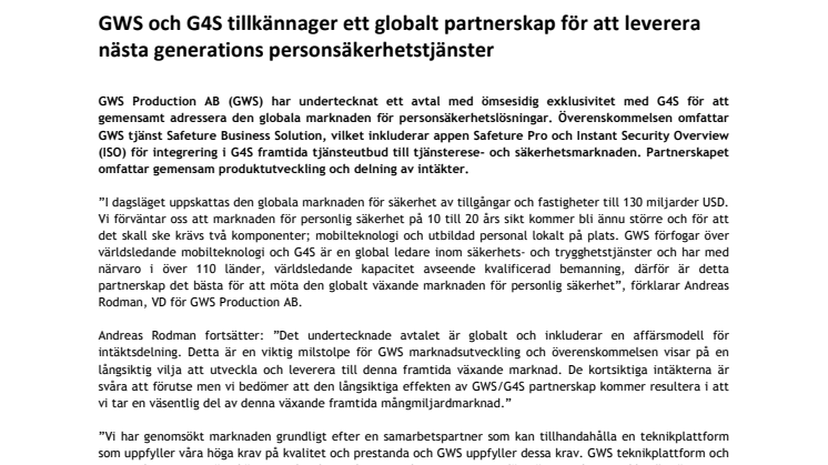 GWS och G4S tillkännager ett globalt partnerskap för att leverera nästa generations personsäkerhetstjänster