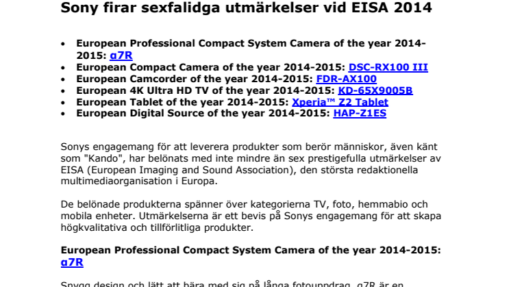 Sony firar sexfaldiga utmärkelser vid EISA 2014