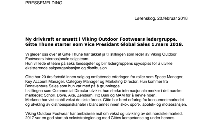 Ny drivkraft er ansatt i Viking Outdoor Footwears ledergruppe. Gitte Thune starter som Vice Presidant Global Sales 1.mars 2018.