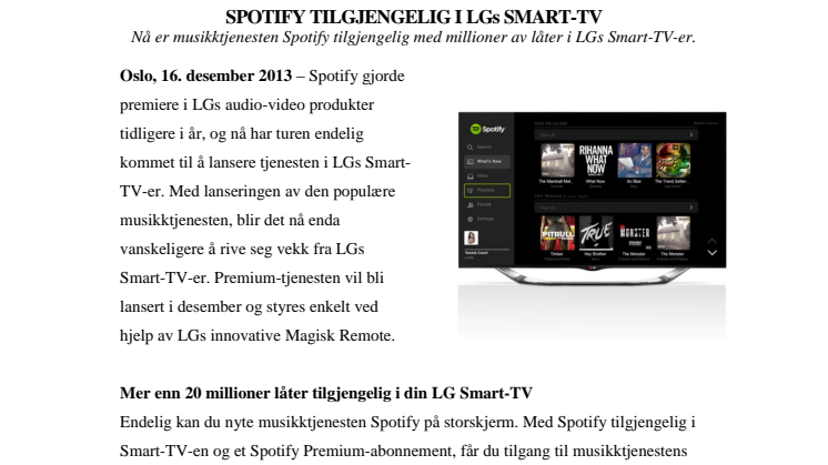 SPOTIFY TILGJENGELIG I LGs SMART-TV