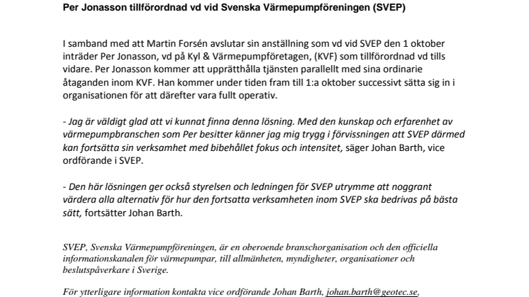 Per Jonasson tillförordnad vd vid Svenska Värmepumpföreningen (SVEP)