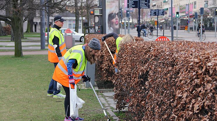 Politiker, tjänstepersoner, handlare och fastighetsägare städar upp staden och sätter fokus på nedskräpningsfrågan. Foto: park- och naturförvaltningen