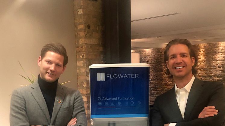 Bluewater President Anders Jacobson (left) and FloWater CEO and co-founder Rich Razgaitis (right) with a FloWater water station