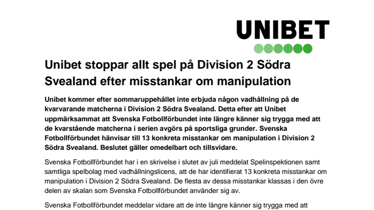 Unibet stoppar allt spel på Division 2 Södra Svealand efter misstankar om manipulation