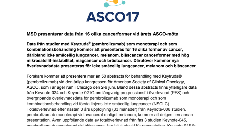 MSD presenterar data från 16 olika cancerformer vid årets ASCO-möte