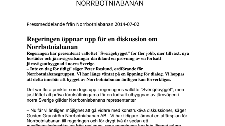 Regeringen öppnar upp för en diskussion om Norrbotniabanan