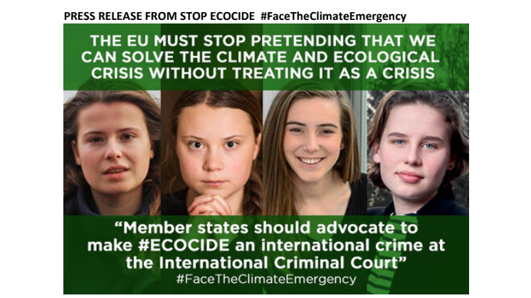 Greta kräver att EU ska förespråka ekocid som internationellt brott. Så länge det är fullt lagligt att förstöra ekosystem kommer vi inte kunna hejda klimatförändringarna. #EndEcocide